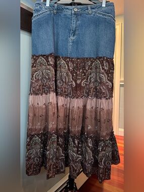 Faded Glory Vintage Jean Tiered  Maxi Skirt Blue & Browns Size 18W Western BOH